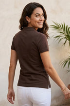 FABRIXA Women’s Dark Brown Polo T-Shirt with Minimal Leaf Logo