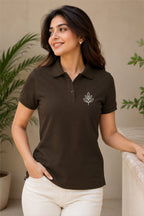 FABRIXA Women’s Dark Brown Polo T-Shirt with Minimal Leaf Logo