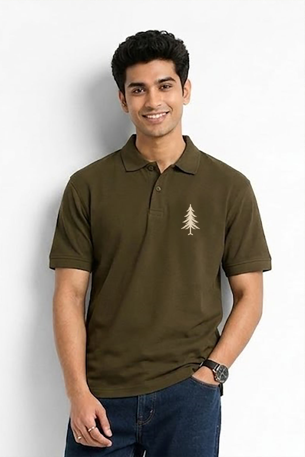 Fabrixa Store Premium Olive Polo T-Shirt for Men with White Tree Logo