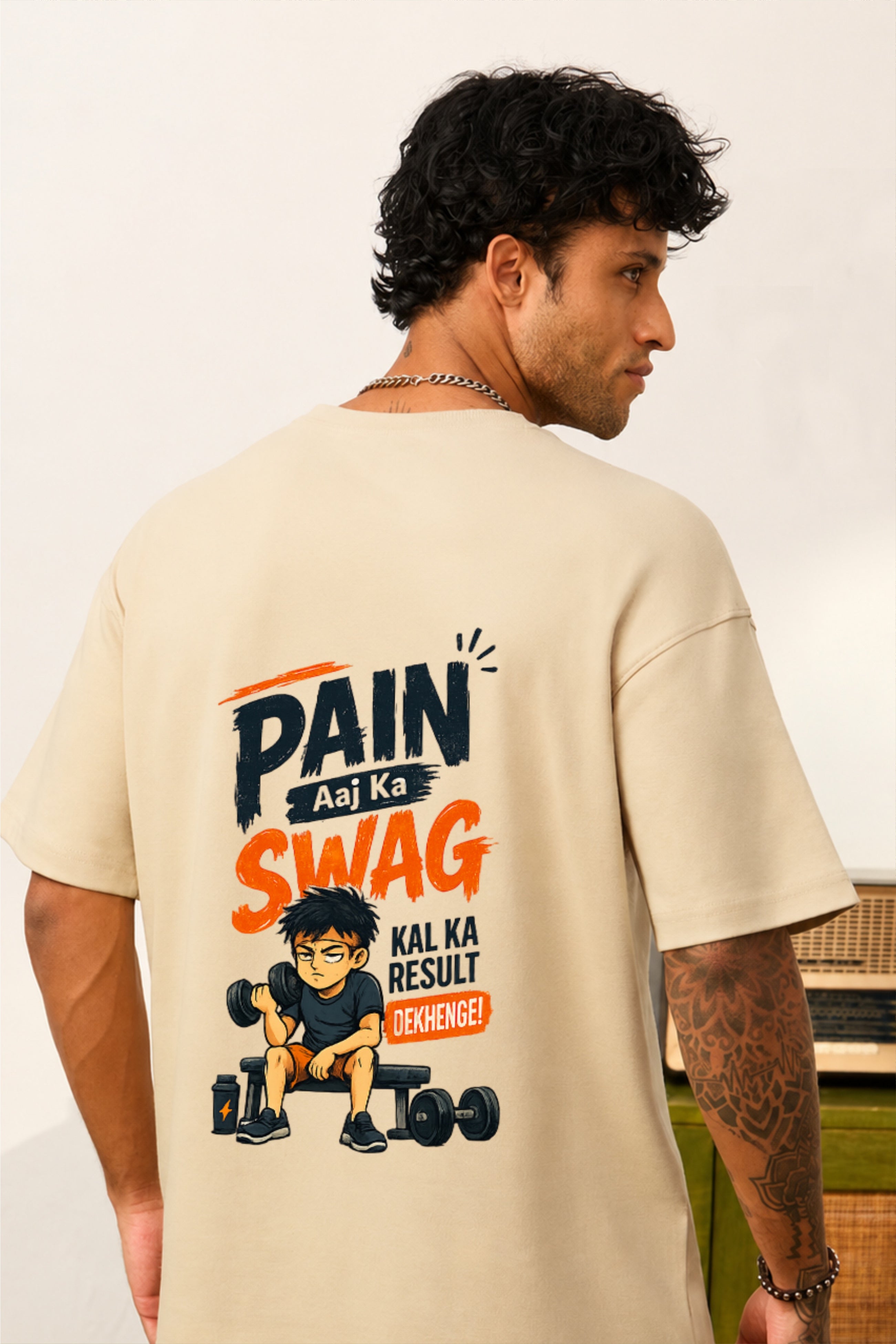 Men’s Oversized Back Print T-Shirt – Pain Aaj Ka Swag Kal Ka Result Tee