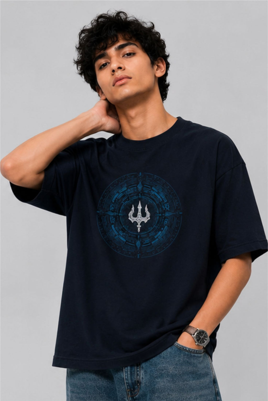 Mahadev Trishul Spiritual Oversized T-Shirt – Navy Blue | Fabrixa