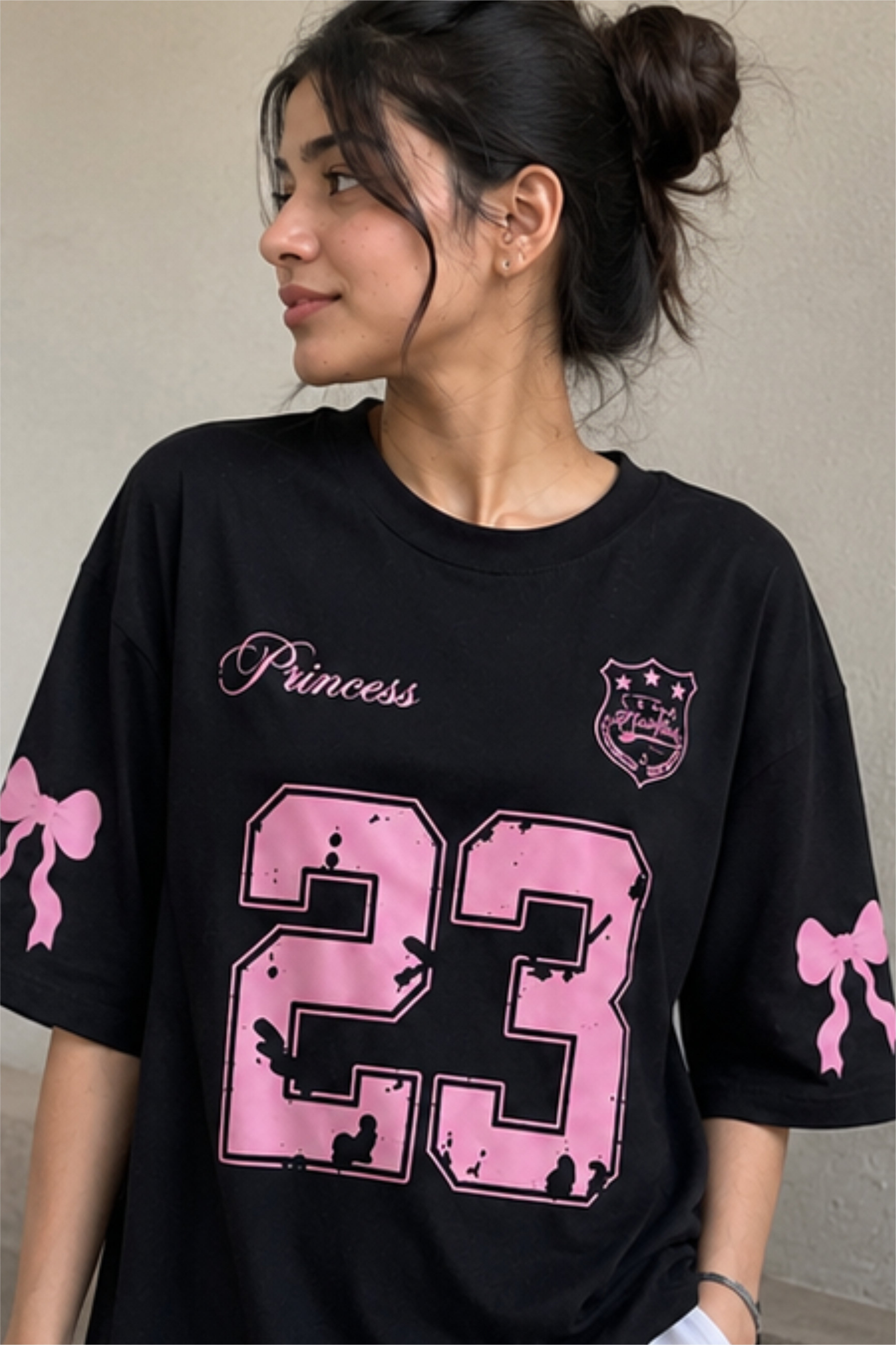 Women's Oversized Black Graphic T-Shirt – Pink 23