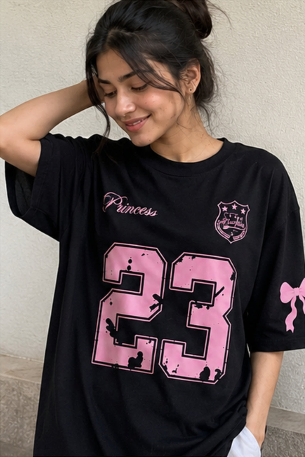 Women's Oversized Black Graphic T-Shirt – Pink 23