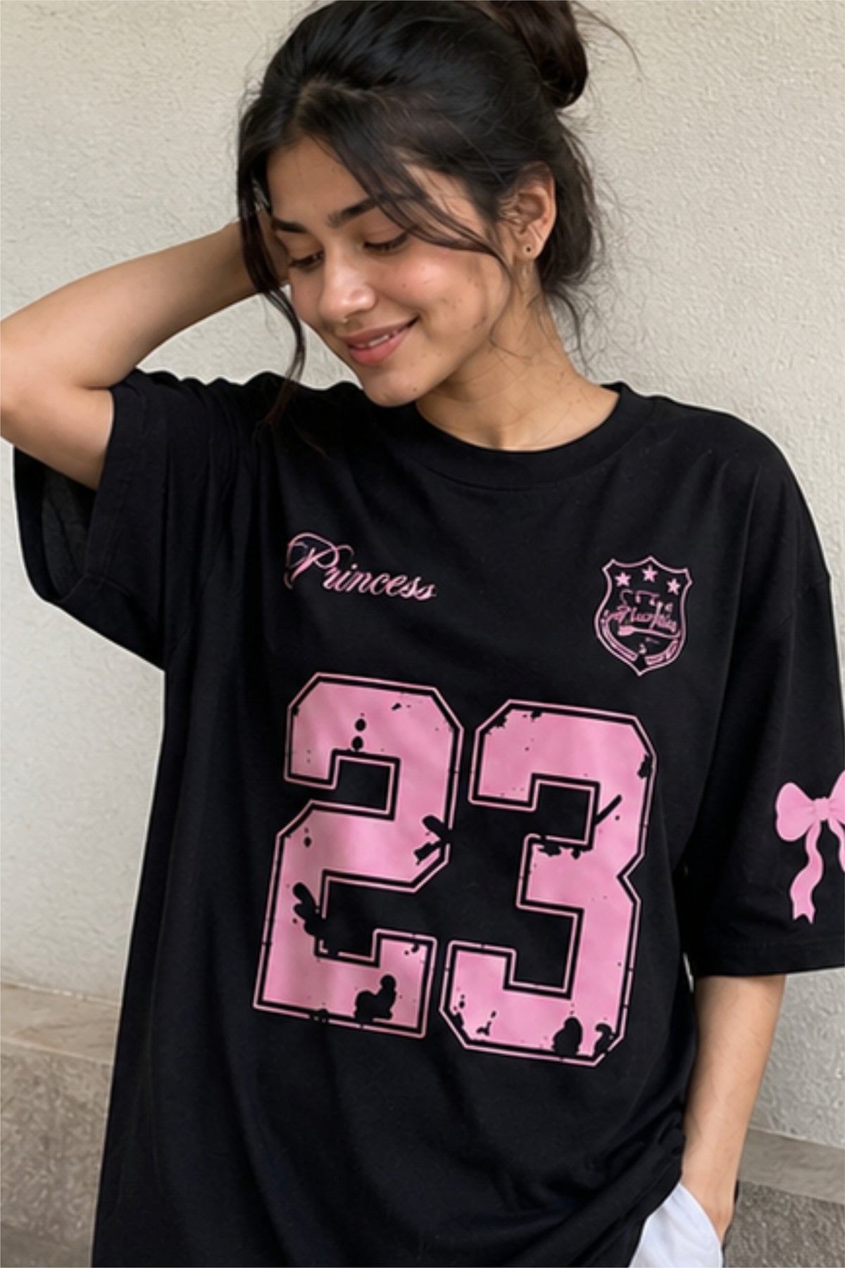Women's Oversized Black Graphic T-Shirt – Pink 23