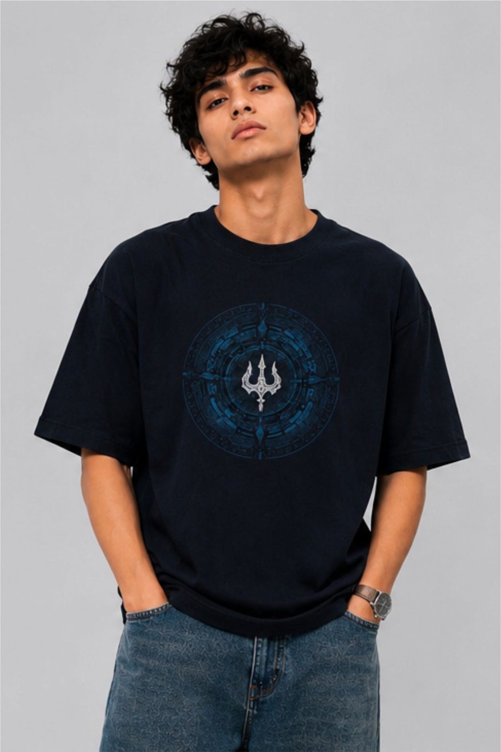 Mahadev Trishul Spiritual Oversized T-Shirt – Navy Blue | Fabrixa