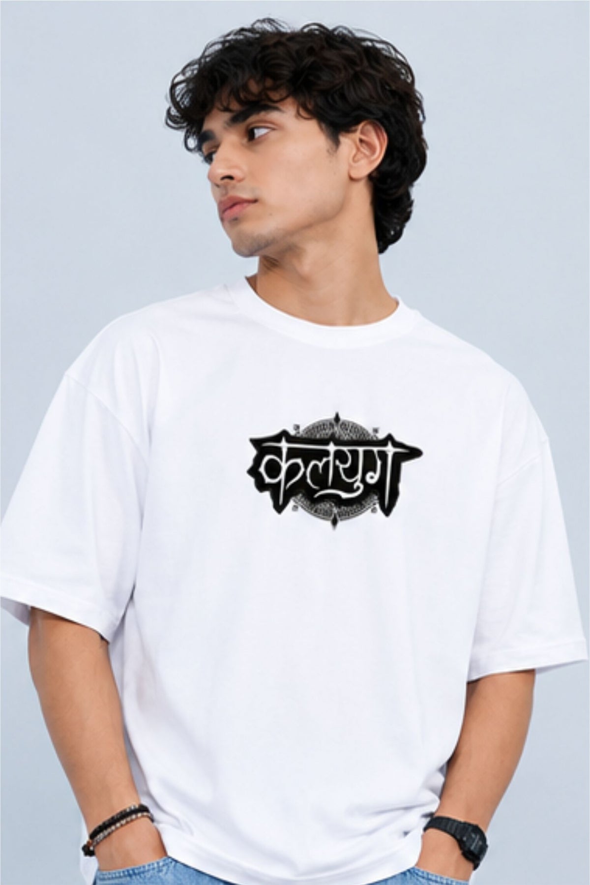 Kalyug Sanskrit Graphic Oversized T-Shirt – White | Fabrixa