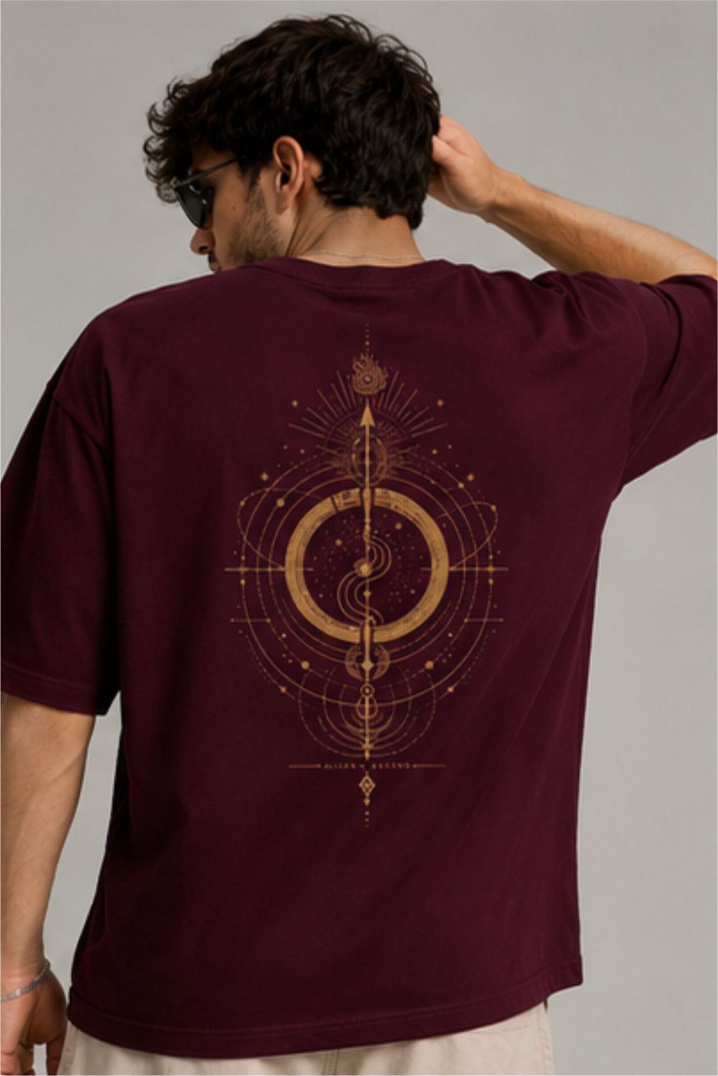 Tyag Spiritual Geometric Back Print Oversized T-Shirt – Maroon | Fabrixa