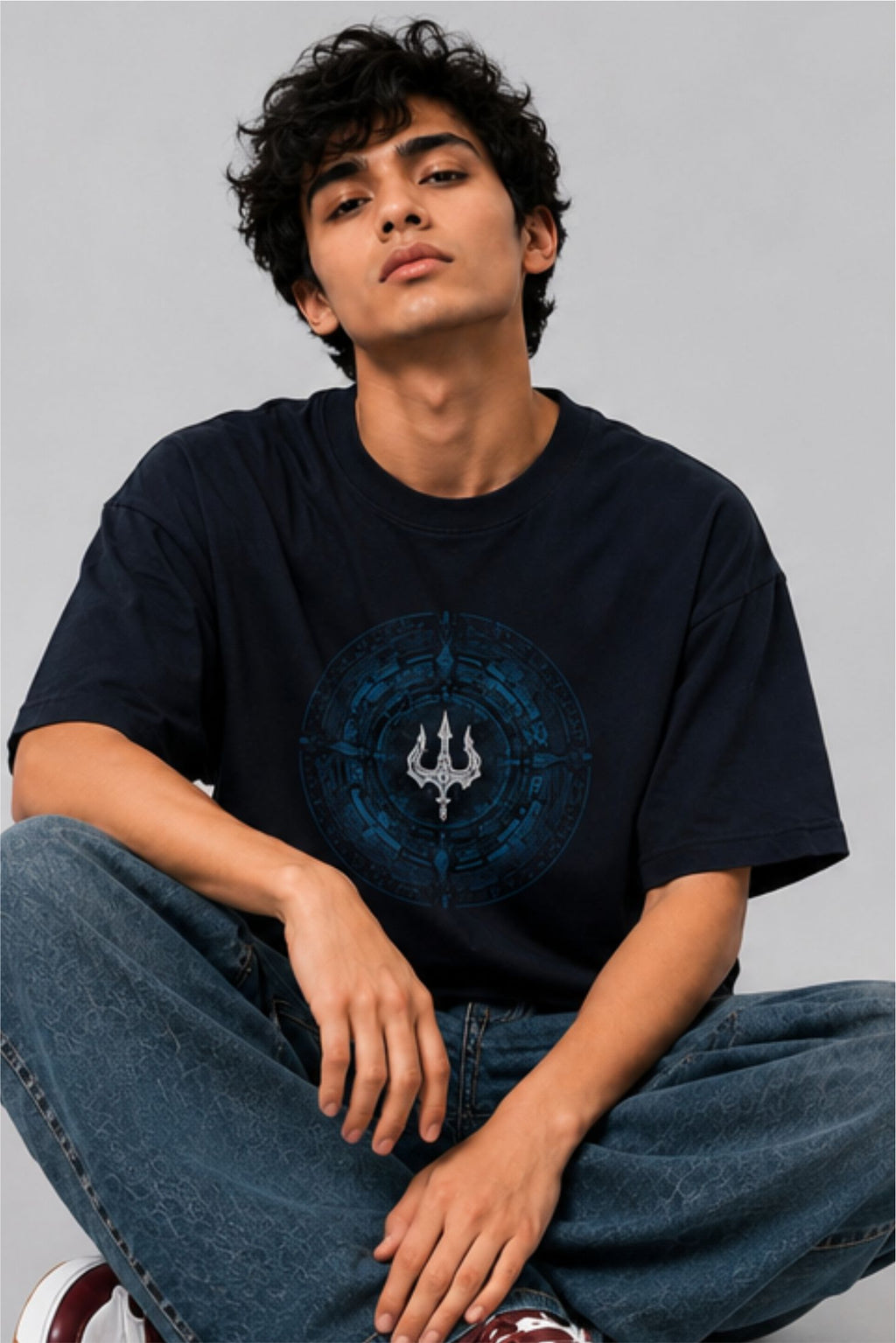 Mahadev Trishul Spiritual Oversized T-Shirt – Navy Blue | Fabrixa