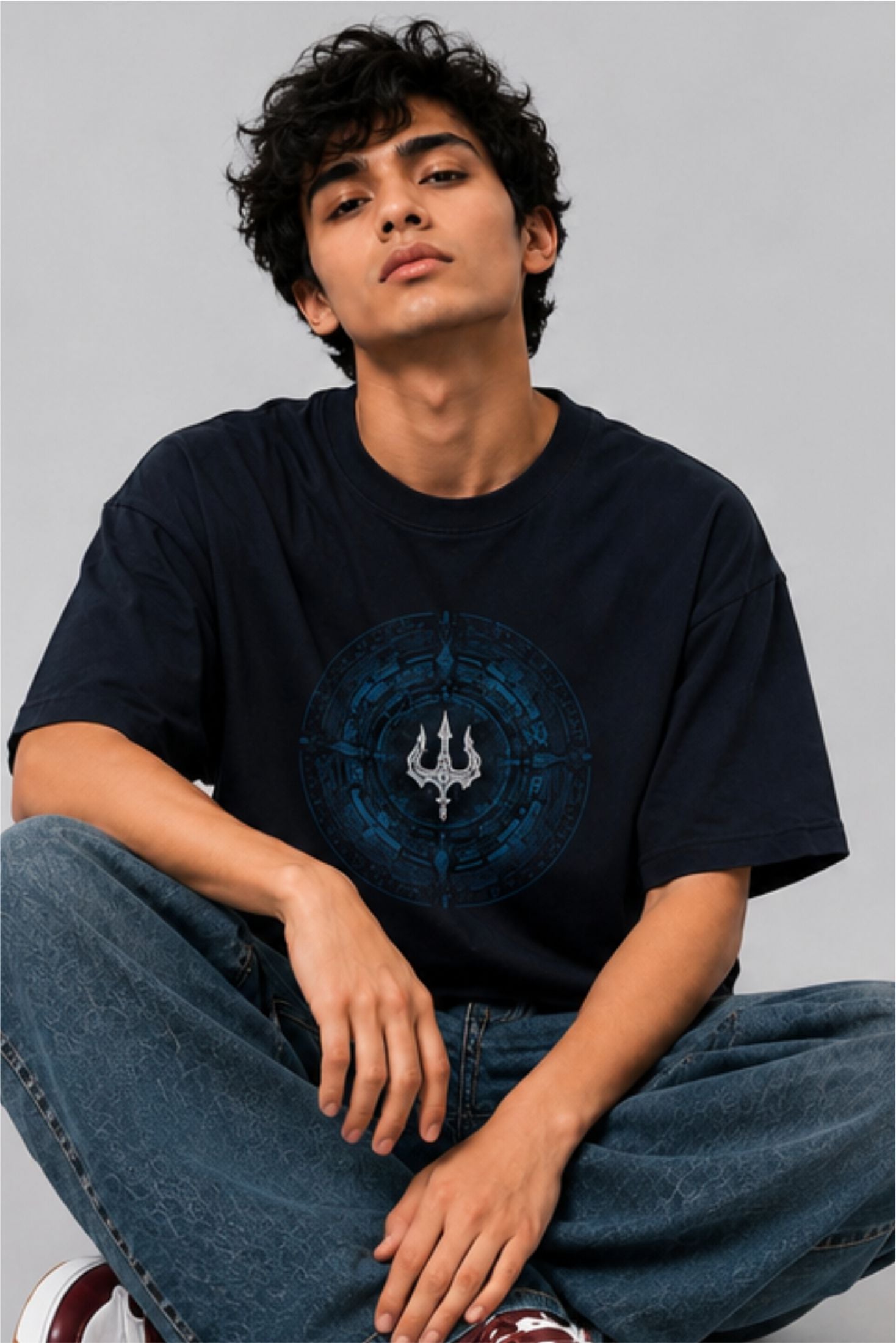 Mahadev Trishul Spiritual Oversized T-Shirt – Navy Blue | Fabrixa