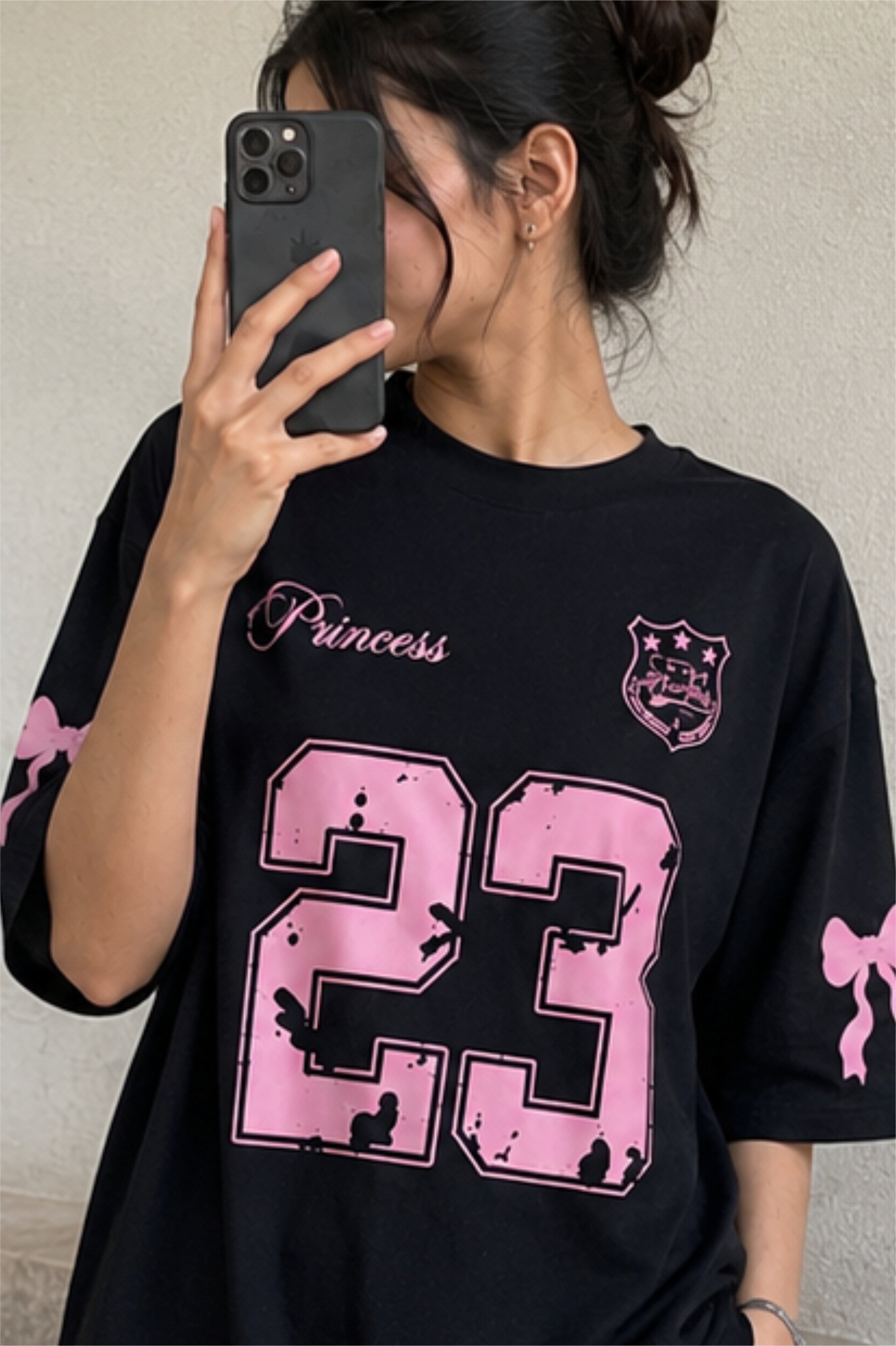 Women's Oversized Black Graphic T-Shirt – Pink 23