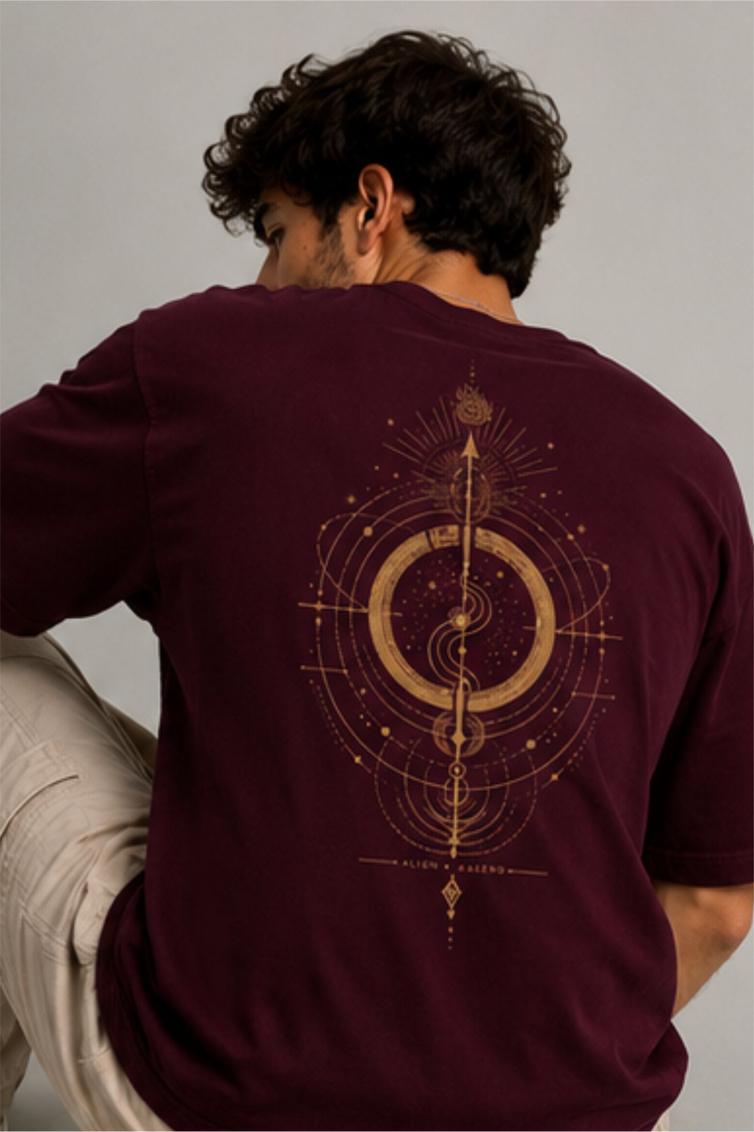 Tyag Spiritual Geometric Back Print Oversized T-Shirt – Maroon | Fabrixa