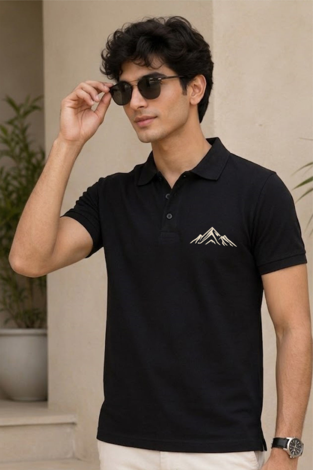 FABRIXA Men’s Black Polo T-Shirt with Minimal Mountain Logo