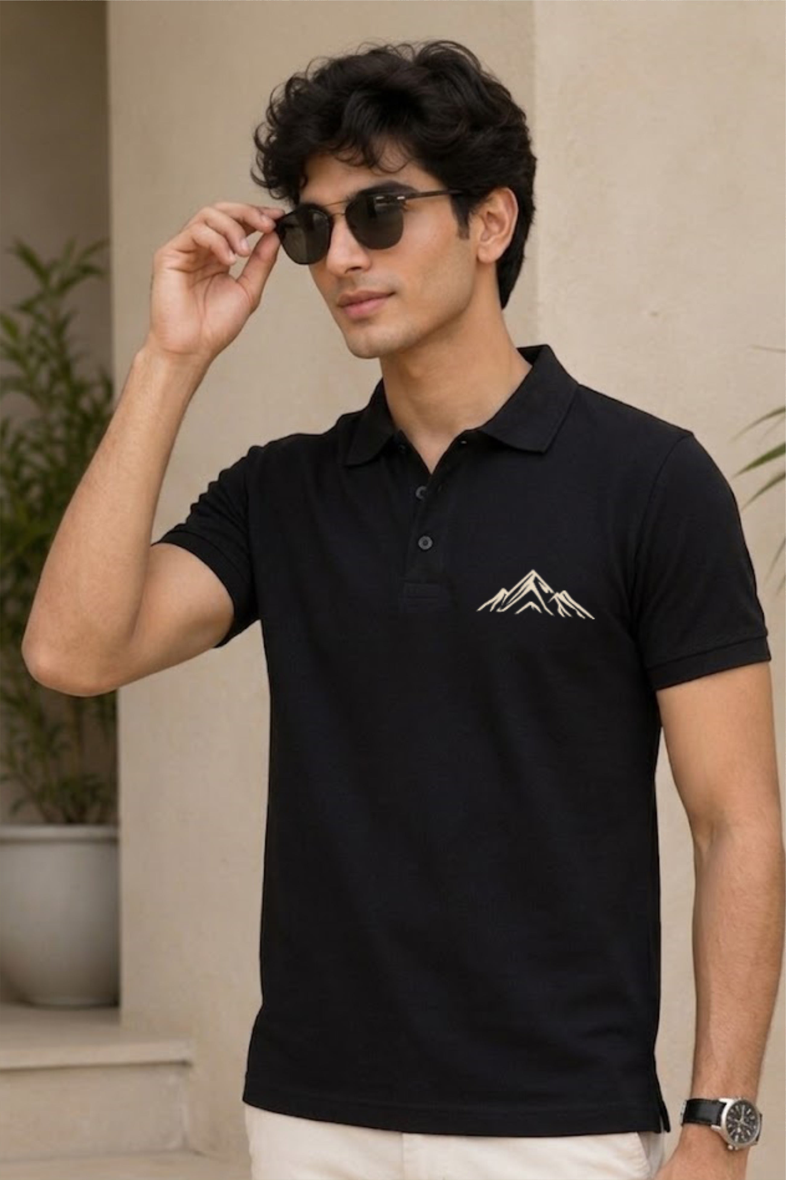 FABRIXA Men’s Black Polo T-Shirt with Minimal Mountain Logo