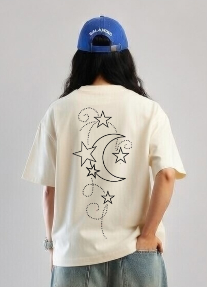 Moon & Stars Line Art girl t shirt - Back